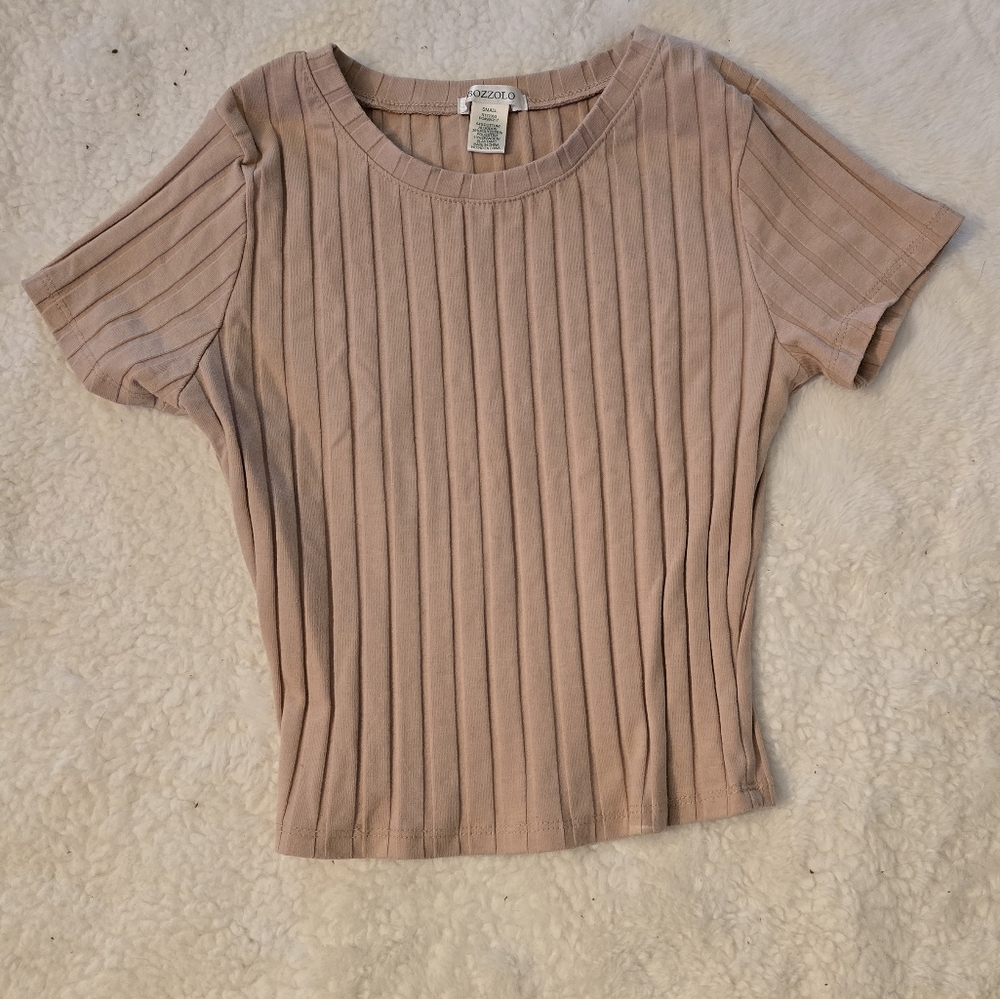 Ribbed Beige Short Sleeve Top